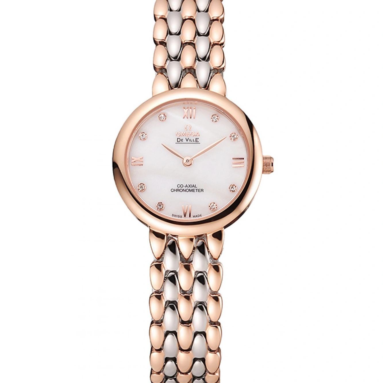 1015 Omega De Ville Prestige No Date White Dial With Diamonds Rose Gold Case Two Tone Bracelet